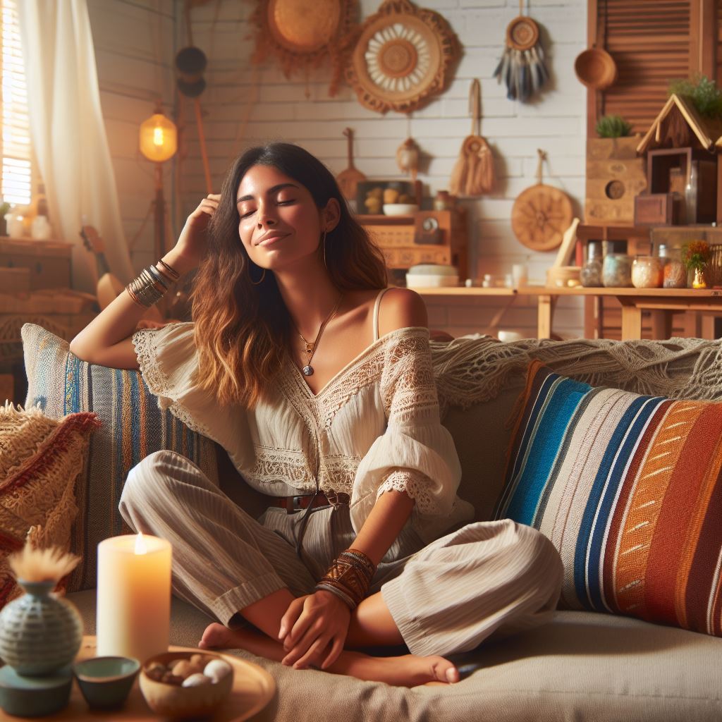 Una persona sentada en un sofá de una sala de estar decorada al estilo Boho Chic
